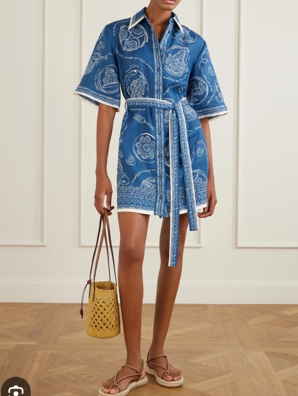 Women's Dress - Alemais 100% Linen Lucky Blue Print Belted Mini Dress Size US 6